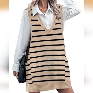 Sweater Vest Oversized V Neck Sleeveless Knit Pullover Ribbed Vest Dress Large